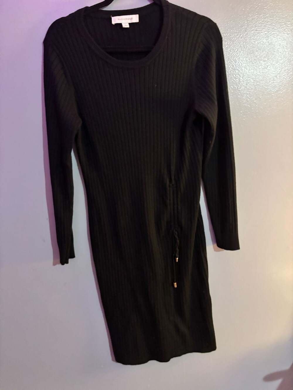 Madison Grey Women's Black Ribbed Long Sleeve Knit Midi Sweater Dress
